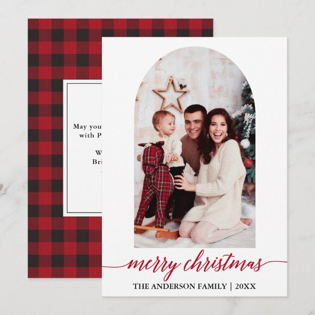 Calligraphy Photo Arch Red Plaid Christmas Holiday Card (Front/Back)