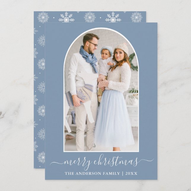Calligraphy Photo Arch Snowflakes Dusty Blue Holiday Card (Front/Back)