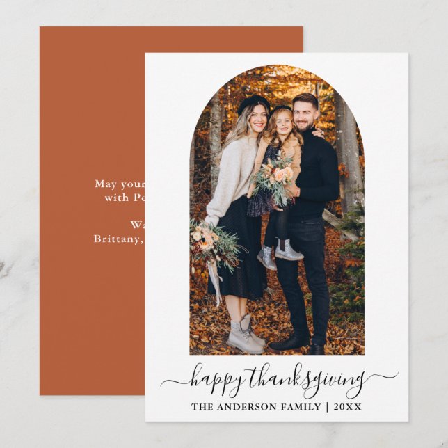 Calligraphy Photo Arch Thanksgiving Terracotta Holiday Card (Front/Back)