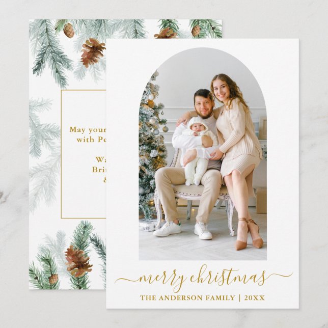 Calligraphy Photo Arch Watercolor Pine Gold Holiday Card (Front/Back)