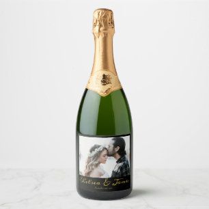 Calligraphy Photo Black & Gold Sparkling Wine Wedd Sparkling Wine Label