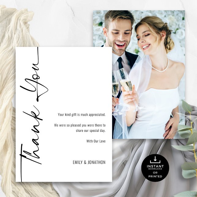 Calligraphy Photo Black White Wedding Thank You Card (Front and back view)