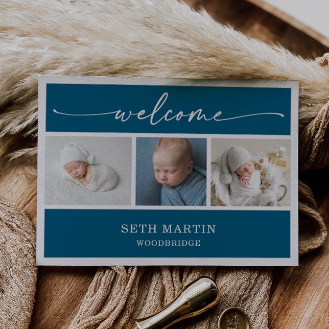 Calligraphy Photo Collage Baby Announcement Card (Creator Uploaded)