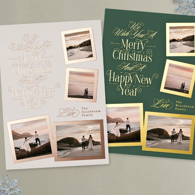 calligraphy photo collage new year merry christmas foil holiday card (Creator Uploaded)