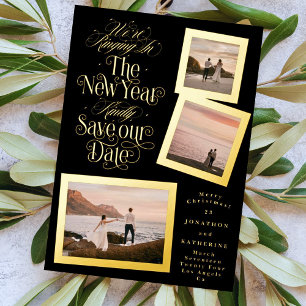 calligraphy photo collage new year merry christmas foil holiday card