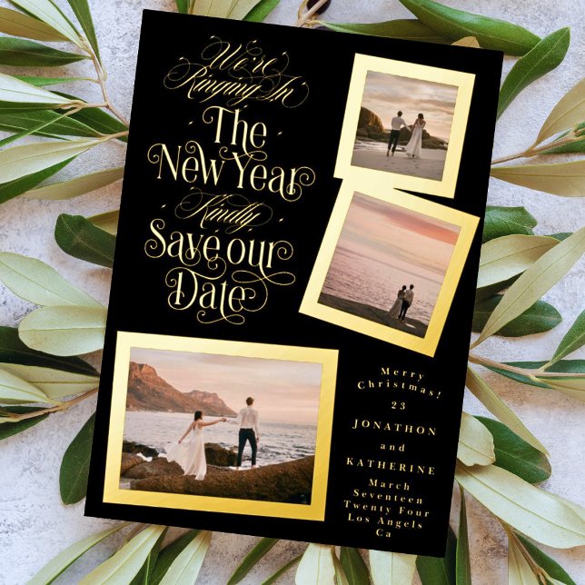 calligraphy photo collage new year merry christmas foil holiday card (Creator Uploaded)