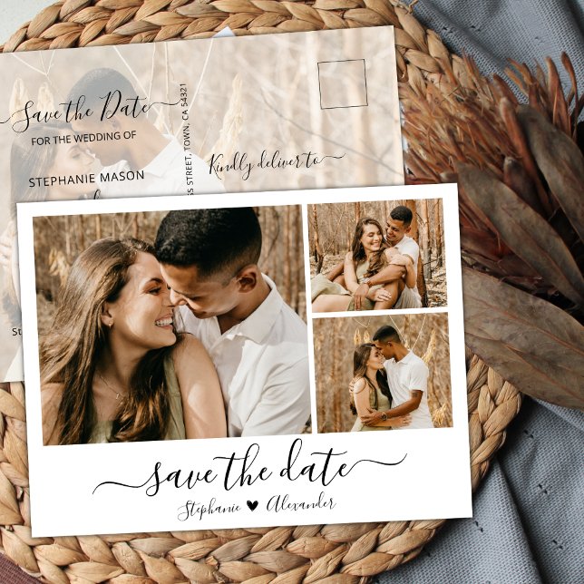 Calligraphy Photo Collage Save The Date Invitation Postcard (Creator Uploaded)