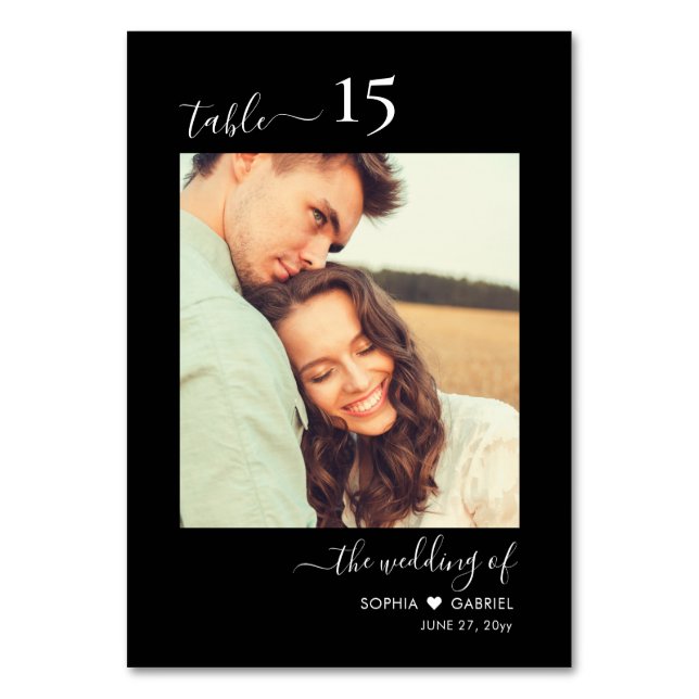 Calligraphy Photo Monogram Black Wedding  Table Number (Front)