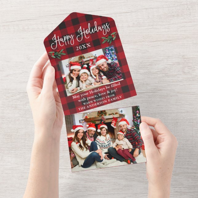 Calligraphy Photo Plaid All In One Holiday Card (Tearaway)