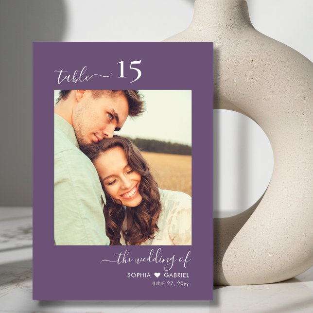 Calligraphy Photo Purple Wedding Double Sided Table Number (Creator Uploaded)