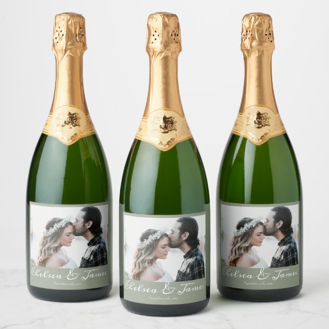 Calligraphy Photo Sage Green Wedding Party Sparkling Wine Label (Bottles)