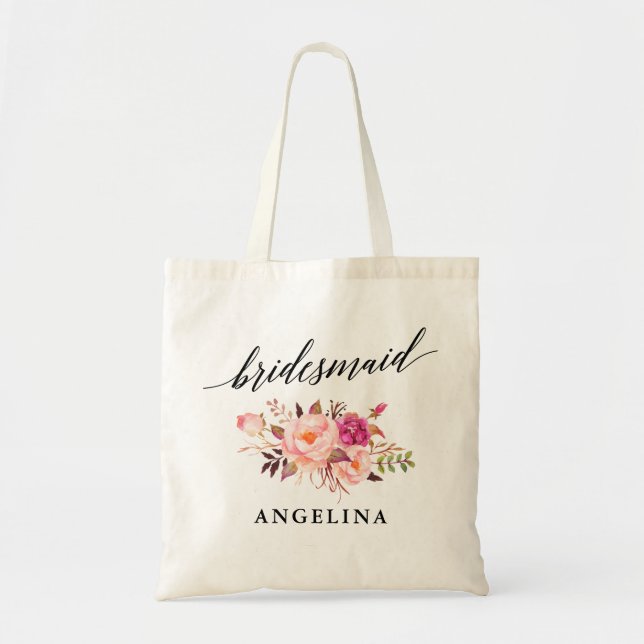 Calligraphy Pink Blush Floral Bridesmaid Name Tote Bag (Front)