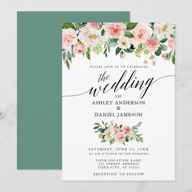 Calligraphy Pink Blush Floral Green Wedding Invitation (Front/Back)