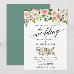 Calligraphy Pink Blush Floral Green Wedding Invitation