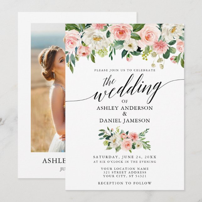 Calligraphy Pink Blush Floral Photo Wedding Invitation (Front/Back)