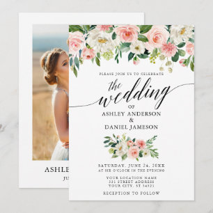 Calligraphy Pink Blush Floral Photo Wedding Invitation