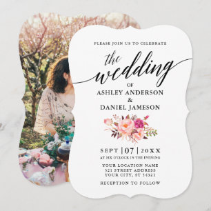 Calligraphy Pink Blush Floral Photo Wedding Invitation