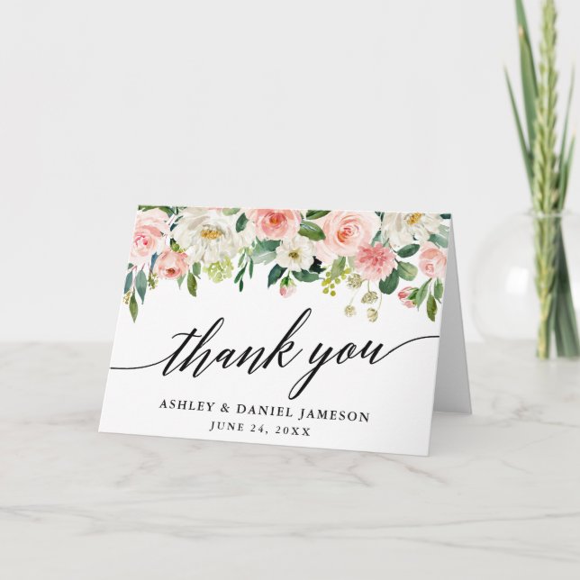 Calligraphy Pink Blush Floral Wedding Fold Thank You Card (Front)