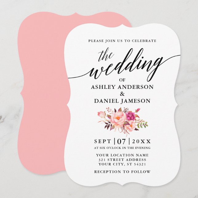 Calligraphy Pink Blush Floral Wedding Invitation (Front/Back)
