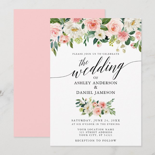 Calligraphy Pink Blush Floral Wedding Invitation (Front/Back)