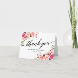 Calligraphy Pink Blush Floral Wedding Note Thank You Card