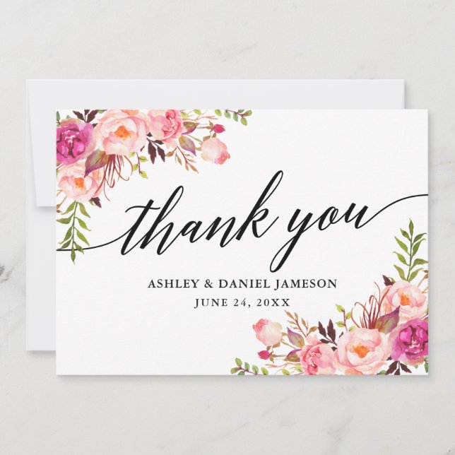 Calligraphy Pink Blush Floral Wedding Thank You Card (Front)
