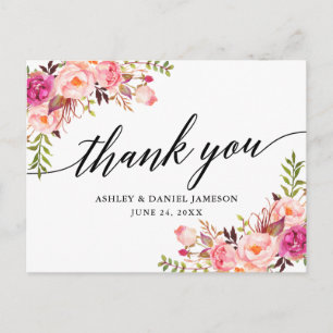 Calligraphy Pink Blush Floral Wedding Thank You Postcard