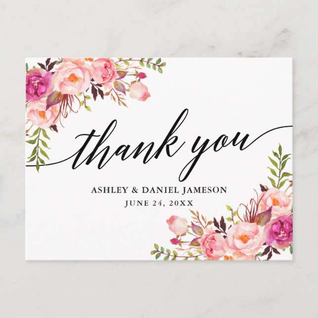 Calligraphy Pink Blush Floral Wedding Thank You Postcard (Front)