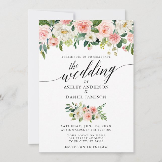 Calligraphy Pink Blush Floral Wedding W Invitation (Front)