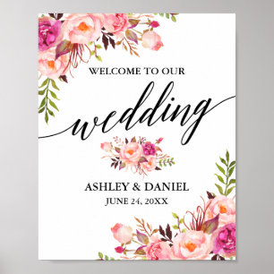 Calligraphy Pink Blush Floral Wedding Welcome Poster