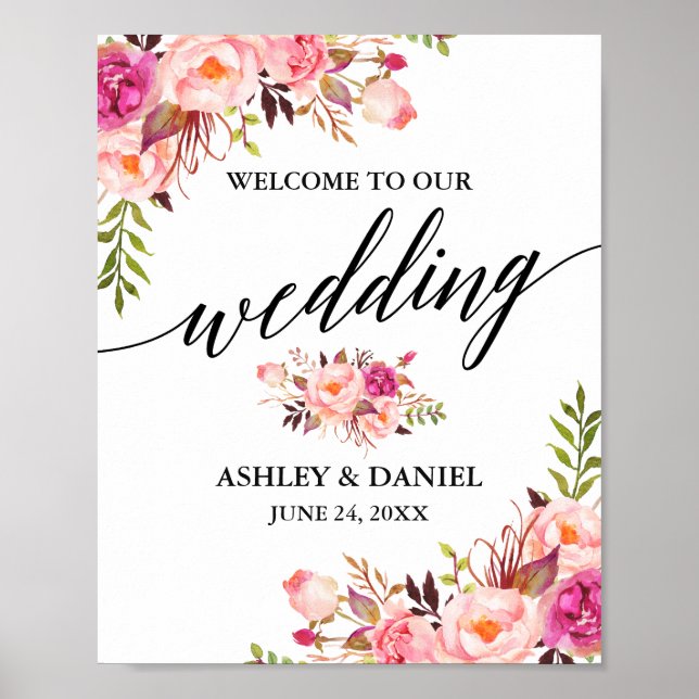 Calligraphy Pink Blush Floral Wedding Welcome Poster (Front)