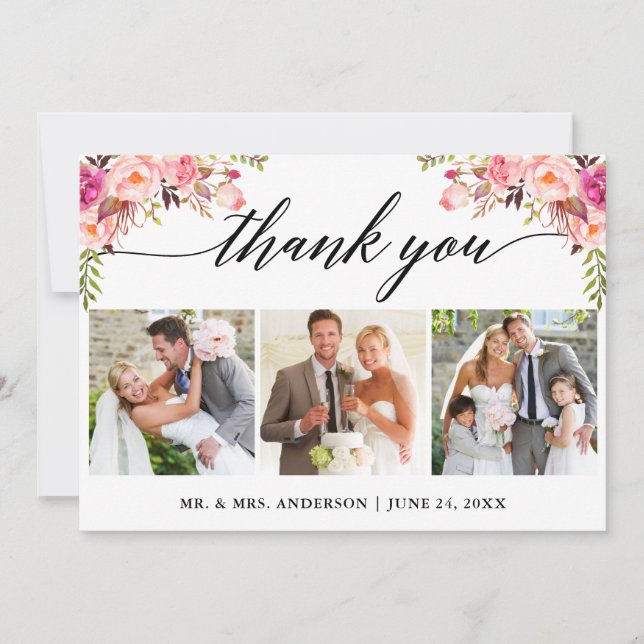 Calligraphy Pink Floral Wedding 3 Photo Thank You Card (Front)