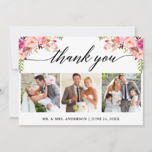 Calligraphy Pink Floral Wedding 3 Photo Thank You Card