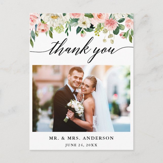 Calligraphy Pink Floral Wedding Photo Thank You Postcard (Front)