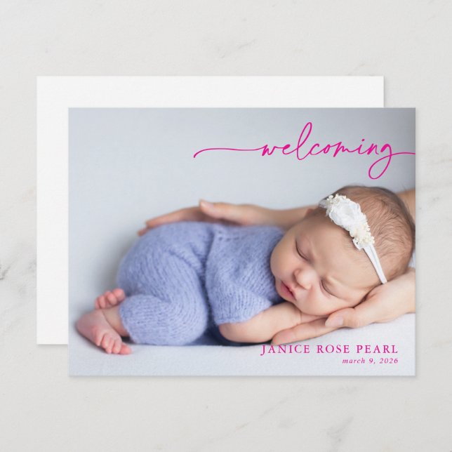 Calligraphy Pink Welcoming Baby Announcement card (Front/Back)