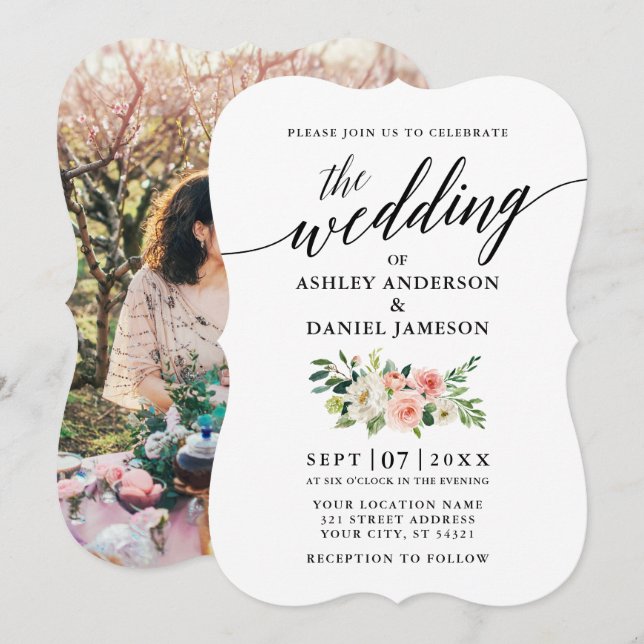 Calligraphy Pink White Floral Photo Wedding Invitation (Front/Back)
