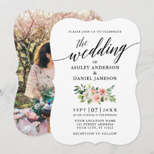Calligraphy Pink White Floral Photo Wedding Invitation