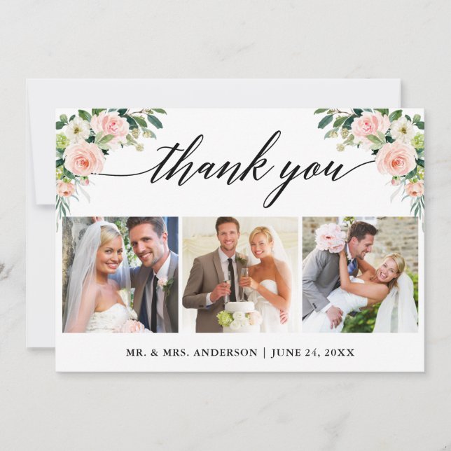 Calligraphy Pink White Floral Wedding 3 Photo Thank You Card (Front)