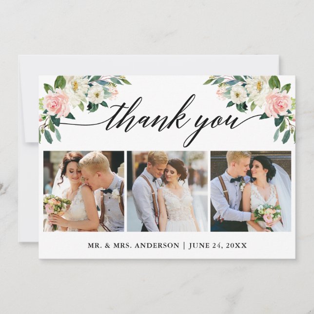 Calligraphy Pink White Floral Wedding 3 Photo Thank You Card (Front)