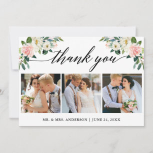 Calligraphy Pink White Floral Wedding 3 Photo Thank You Card