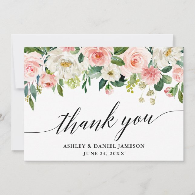 Calligraphy Pink White Floral Wedding Thank You Card (Front)