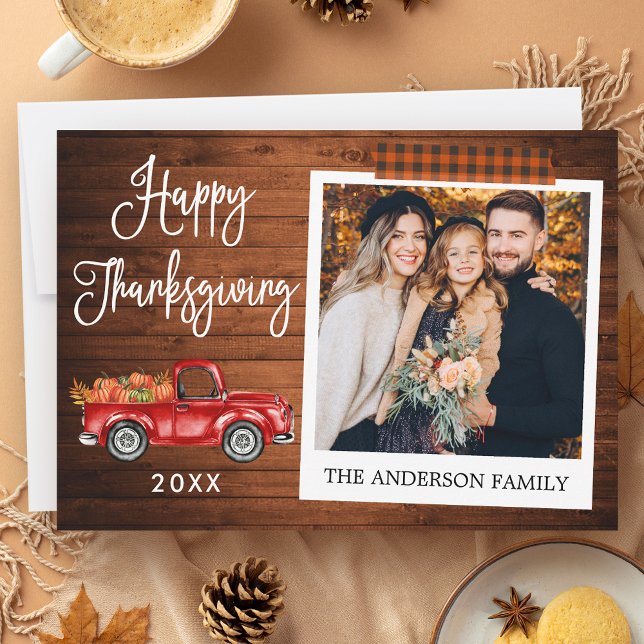 Calligraphy Plaid Craft Tape Thanksgiving Truck Holiday Card (Customize to add more text or photos to back of card.)