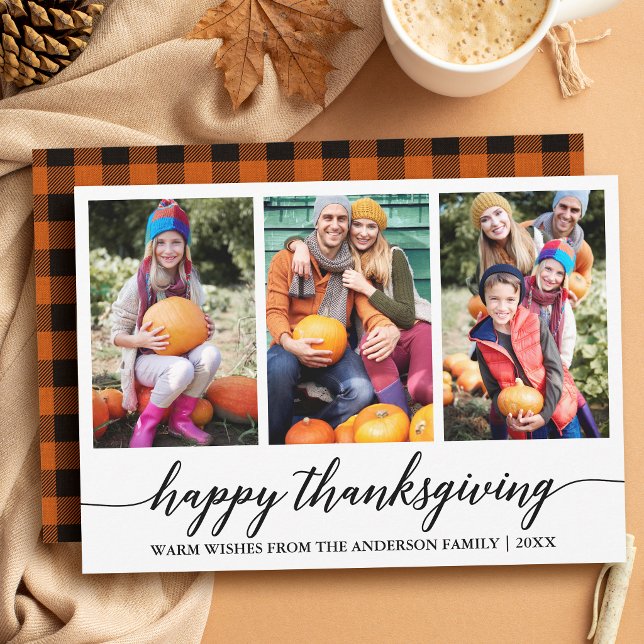 Calligraphy Plaid Thanksgiving 3 Photo Holiday Card (Customize to change your personalized text size or text style.)
