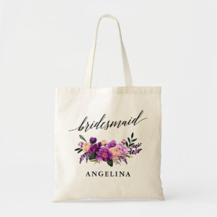 Calligraphy Purple Violet Floral Bridesmaid Name Tote Bag