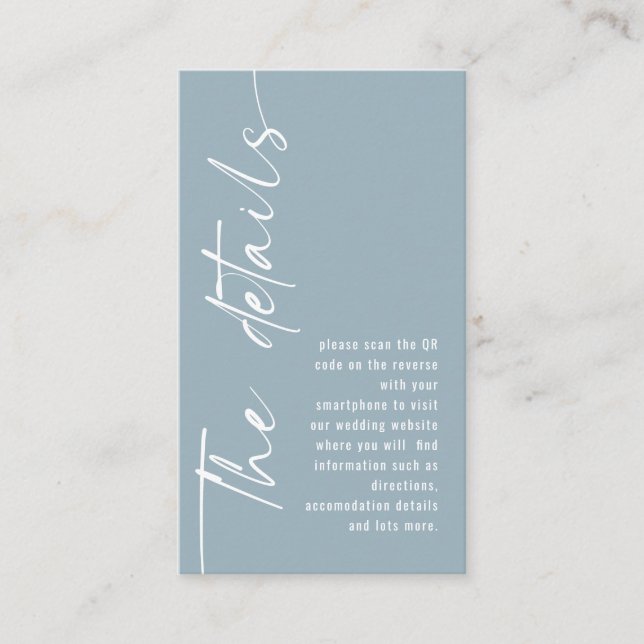 Calligraphy QR Code Dusty Blue Wedding Details Enclosure Card (Front)