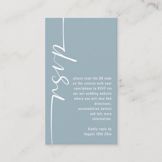 Calligraphy QR Code Dusty Blue Wedding RSVP Enclosure Card (Front)