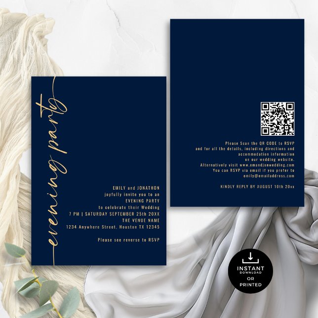 Calligraphy QR Navy Gold Wedding Evening Party Invitation (Front and back view)