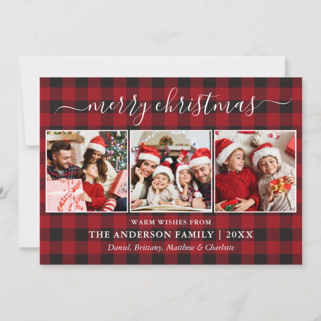 Calligraphy Red Buffalo Plaid 3 Photo Christmas Holiday Card (Front)