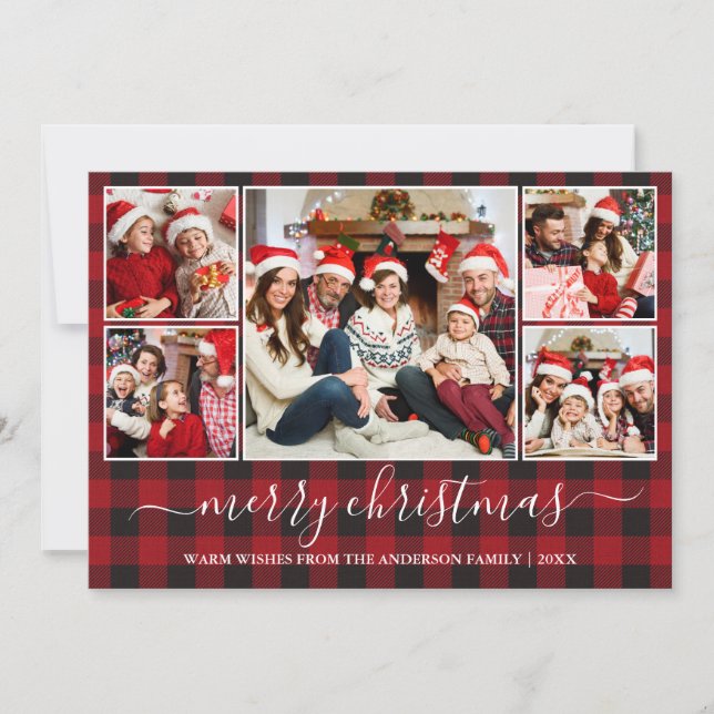 Calligraphy Red Buffalo Plaid 5 Photo Christmas Holiday Card (Front)