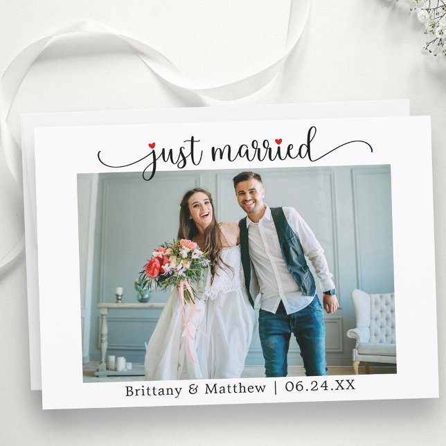 Calligraphy Red Heart Just Married Photo Wedding Announcement (Customize to change your personalized text size, text style or to add text to back of card.)
